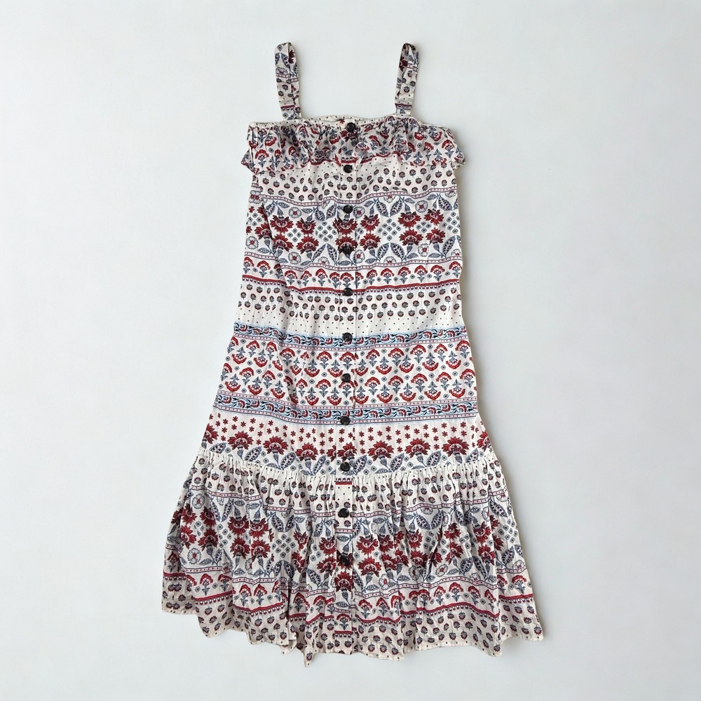 Ann Taylor Floral Block Print Dress Womens M White Red Blue Boho Ruffle Midi